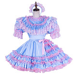 Lockable Sissy Maid Blue & Pink Satin Dress with Ruffles & Headpiece [G1772]