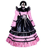 Lockable Sissy Maid Pink & Black Thin PVC Long Dress with Bow [G1763]