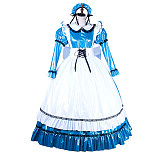 Lockable Sissy Maid Blue & White Thin PVC Long Dress with Apron [G1752]