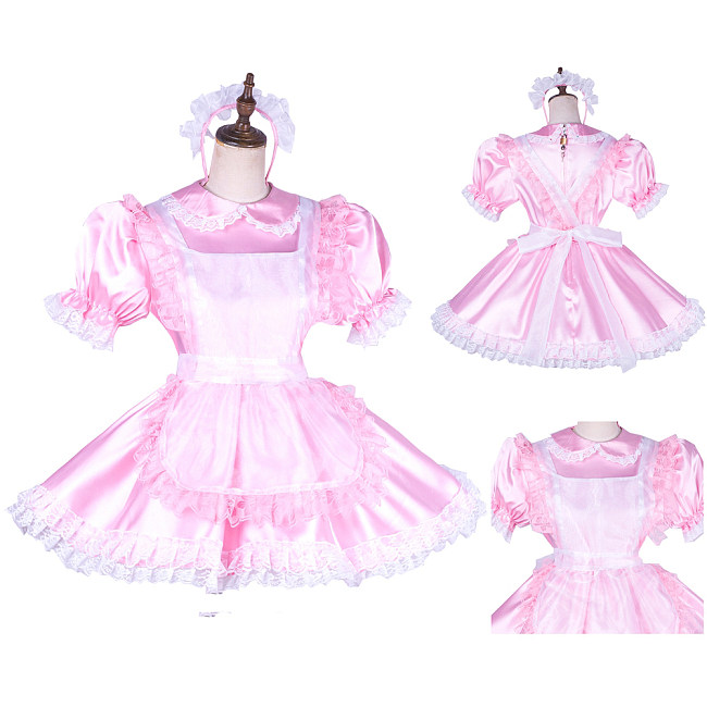 Lockable Sissy Maid Pink & White Satin Dress with Apron [G1765]