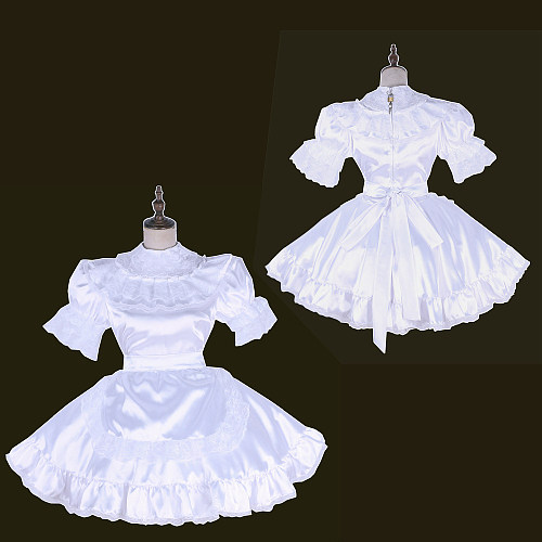 Lockable Sissy Maid White Satin Dress with Lace Apron [G1659]