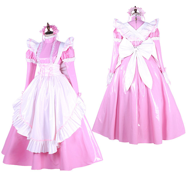 Handmade Lockable Sissy Maid Dress – Pink & White Thin PVC Long Crossdressing Costume [G1649]