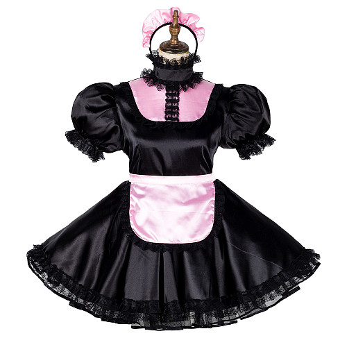 Handmade Lockable Sissy Maid Dress – Black & Pink Satin Crossdressing Outfit [G1782]
