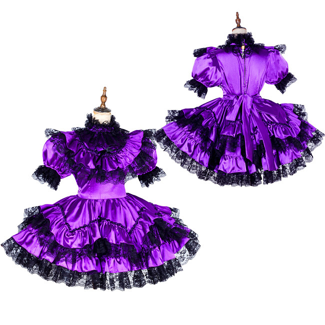 Handmade Lockable Sissy Maid Dress – Purple & Black Satin Crossdressing Outfit [G1795]