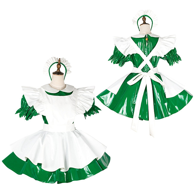 Handmade Lockable Sissy Maid Dress – Green & White Thin PVC Crossdressing Outfit [G1780]