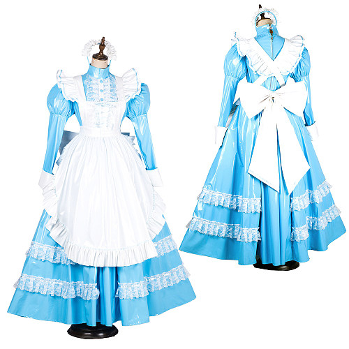 Handmade Lockable Sissy Maid Long Dress – Sky Blue & White Thin PVC Crossdressing Outfit [G1805]