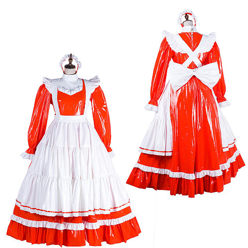 Handmade Lockable Sissy Maid Long Dress – Red & White Thin PVC Crossdressing Outfit [G1804]
