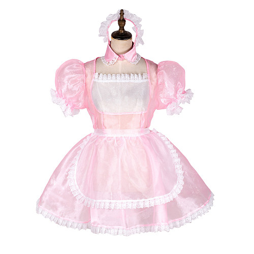 Handmade Lockable Sissy Maid Dress – Pink & White Organza Crossdressing Outfit [G1781]