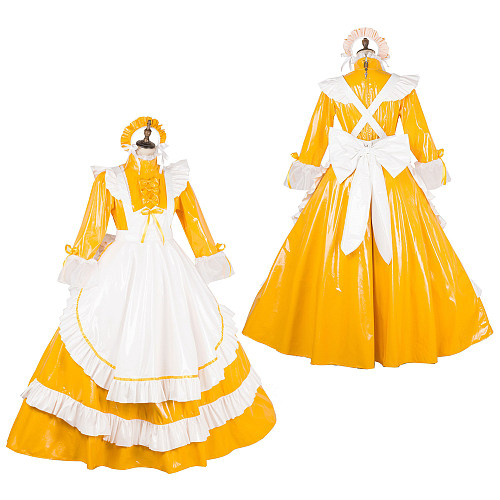 Handmade Lockable Sissy Maid Long Dress – Yellow & White Thin PVC Crossdressing Outfit [G1786]