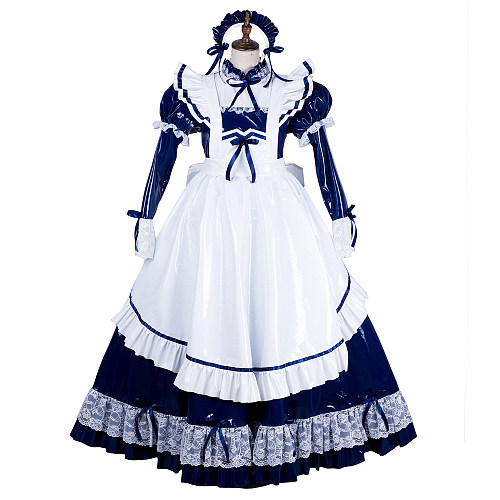 Handmade Lockable Sissy Maid Long Dress – Navy Blue & White Thin PVC Crossdressing Outfit [G1803]