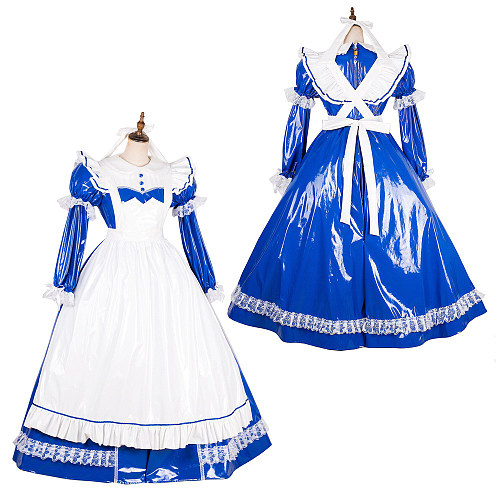 Handmade Lockable Sissy Maid Long Dress – Blue & White Thin PVC Crossdressing Outfit [G1785]