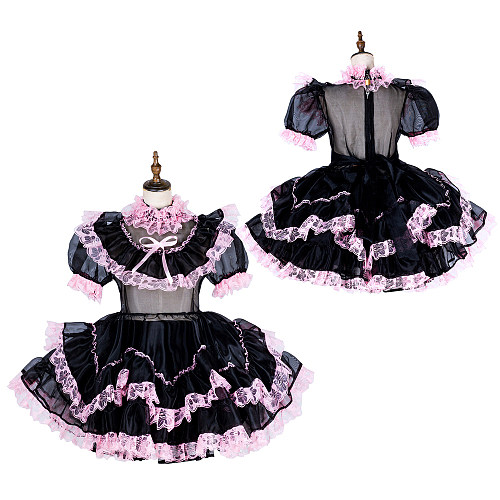 Handmade Lockable Sissy Maid Dress – Black & Pink Organza Crossdressing Outfit [G1798]