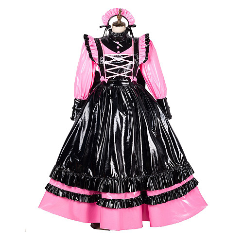 Handmade Lockable Sissy Maid Long Dress – Black & Pink Thin PVC Crossdressing Outfit [G1788]