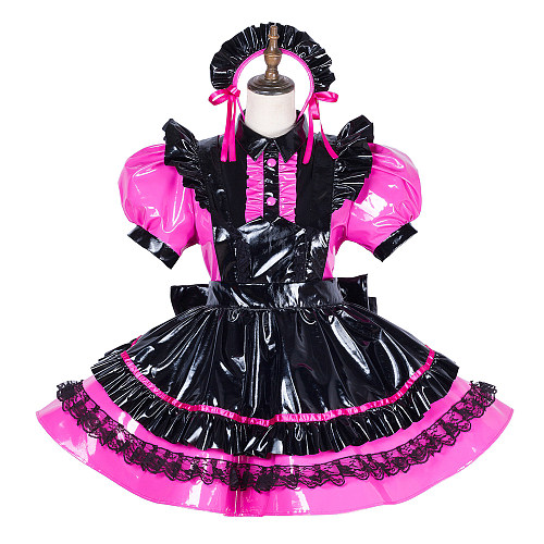 Handmade Lockable Sissy Maid Dress – Black & Hot Pink Thin PVC Crossdressing Outfit [G1790]