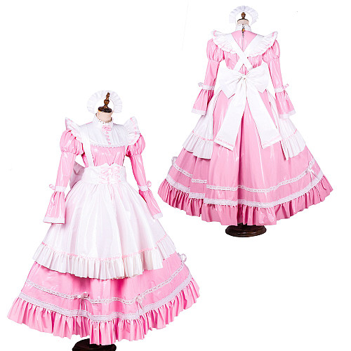 Handmade Lockable Sissy Maid Long Dress – Pink & White Thin PVC Crossdressing Outfit [G1787]