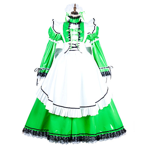 Handmade Lockable Sissy Maid Long Dress – Green & White Thin PVC Crossdressing Outfit [G1806]