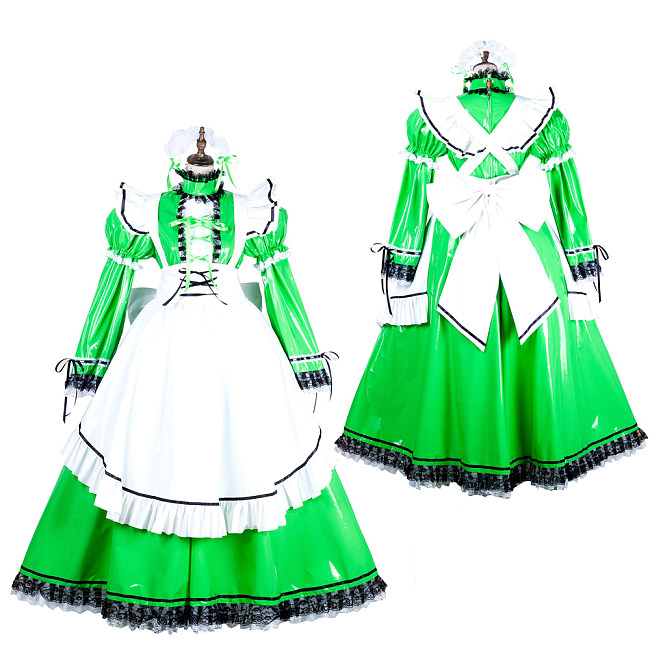 Handmade Lockable Sissy Maid Long Dress – Green & White Thin PVC Crossdressing Outfit [G1806]