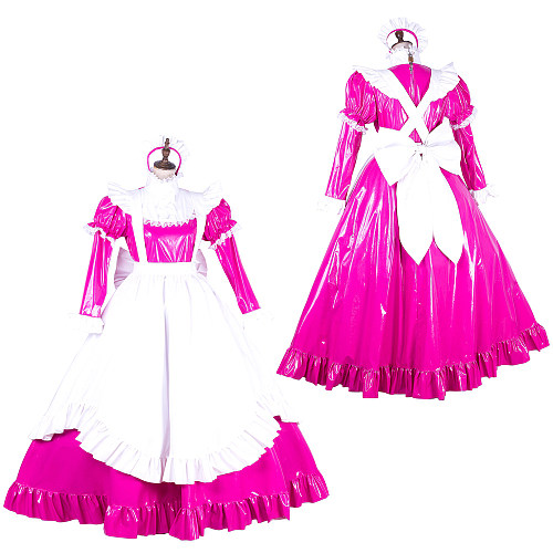 Lockable Sissy Maid Pink & White Thin PVC Long Dress with Apron [G1774]