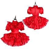 Handmade Lockable Sissy Maid Dress – Red Satin Crossdressing Outfit [G1796]