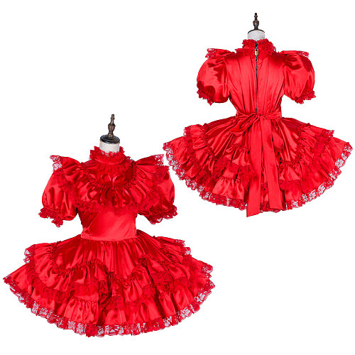 Handmade Lockable Sissy Maid Dress – Red Satin Crossdressing Outfit [G1796]