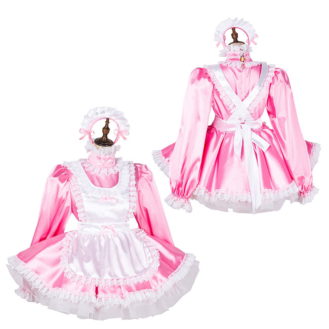 Handmade Lockable Sissy Maid Dress – Pink & White Satin Crossdressing Outfit [G1789]
