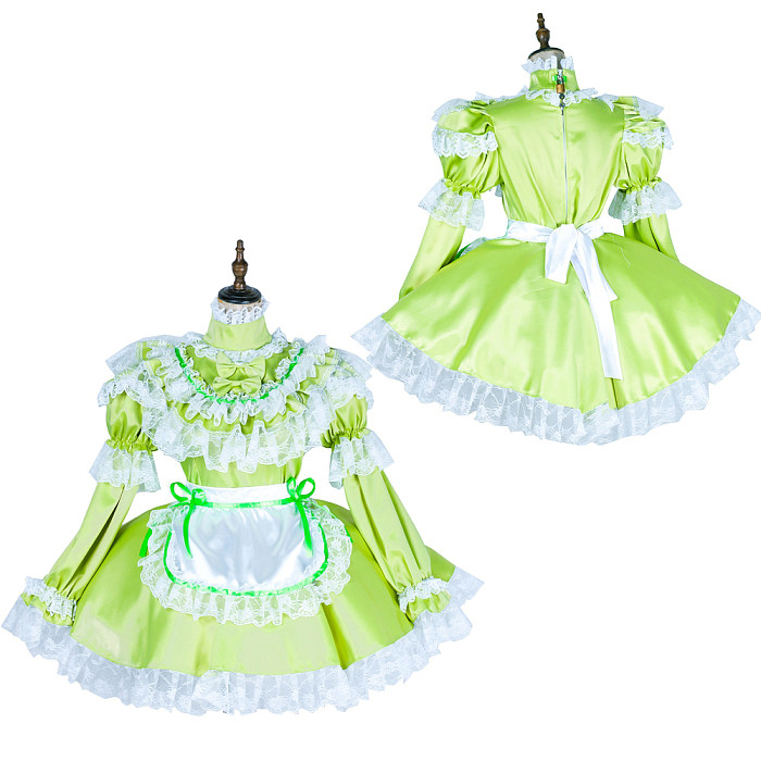 Lockable Sissy Maid Dress  Handmade Crossdressing Satin Costume Green &  White