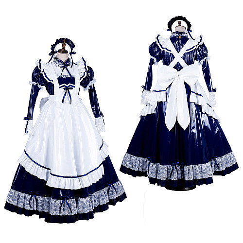 Handmade Lockable Sissy Maid Long Dress – Navy Blue & White Thin PVC Crossdressing Outfit [G1803]