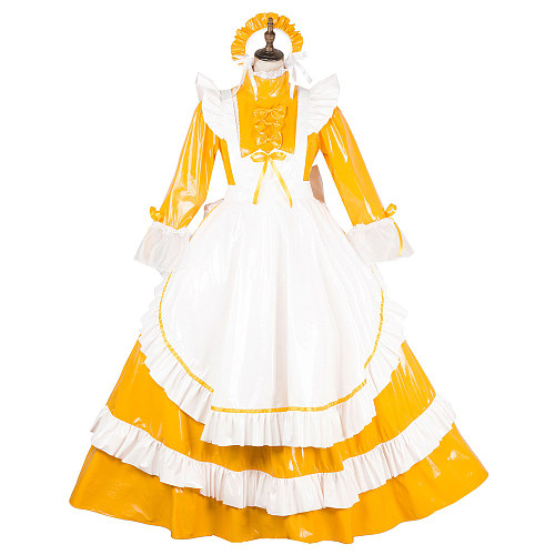 Handmade Lockable Sissy Maid Long Dress – Yellow & White Thin PVC Crossdressing Outfit [G1786]