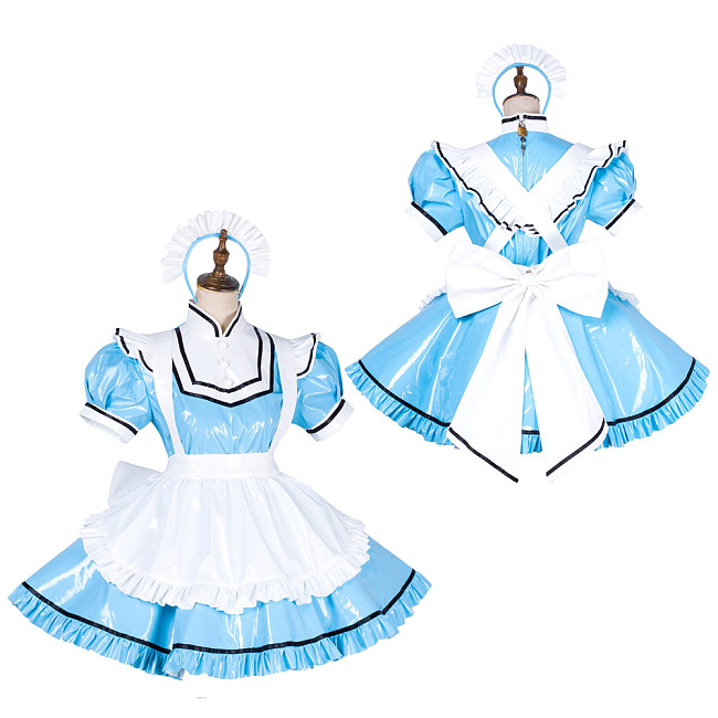 Handmade Lockable Sissy Maid Dress – Blue & White Thin PVC Crossdressing Outfit [G1794]