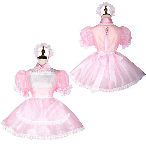 Handmade Lockable Sissy Maid Dress – Pink & White Organza Crossdressing Outfit [G1781]