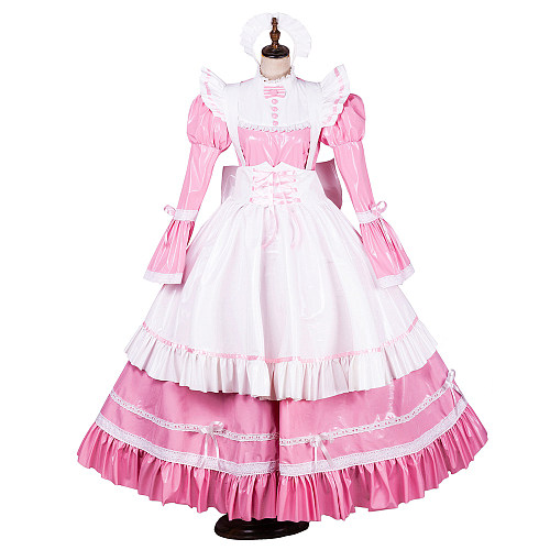 Handmade Lockable Sissy Maid Long Dress – Pink & White Thin PVC Crossdressing Outfit [G1787]