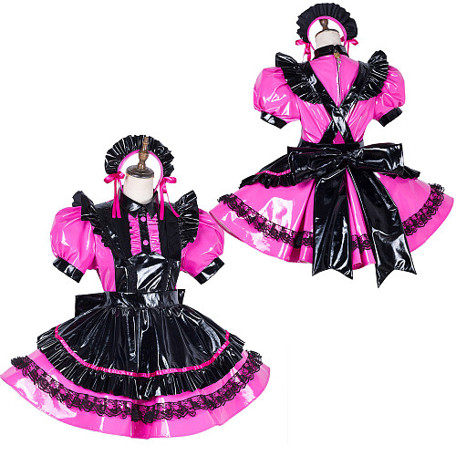 Handmade Lockable Sissy Maid Dress – Black & Hot Pink Thin PVC Crossdressing Outfit [G1790]