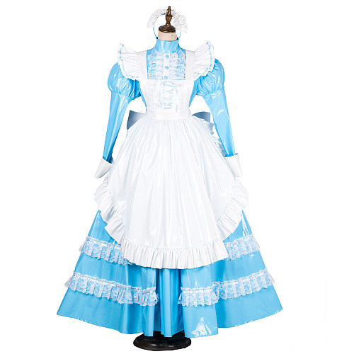 Handmade Lockable Sissy Maid Long Dress – Sky Blue & White Thin PVC Crossdressing Outfit [G1805]