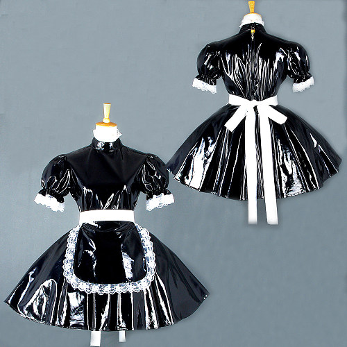 Black Thin PVC Lockable Sissy Maid Crossdressing Dress with White Lace Apron [G560]