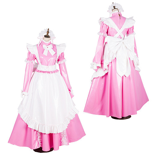 Handmade Lockable Sissy Maid Long Dress – Pink & White Thin PVC Crossdressing Outfit [G1801]