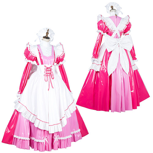 Handmade Lockable Sissy Maid Long Dress – Pink & White Thin PVC Crossdressing Outfit [G1791]