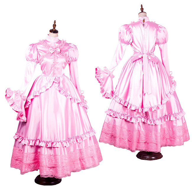 Handmade Lockable Sissy Maid Long Dress – Pink Satin Crossdressing Outfit [G1783]