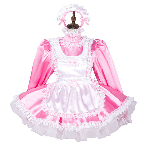 Handmade Lockable Sissy Maid Dress – Pink & White Satin Crossdressing Outfit [G1789]