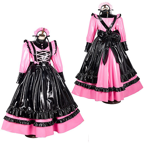 Handmade Lockable Sissy Maid Long Dress – Black & Pink Thin PVC Crossdressing Outfit [G1788]