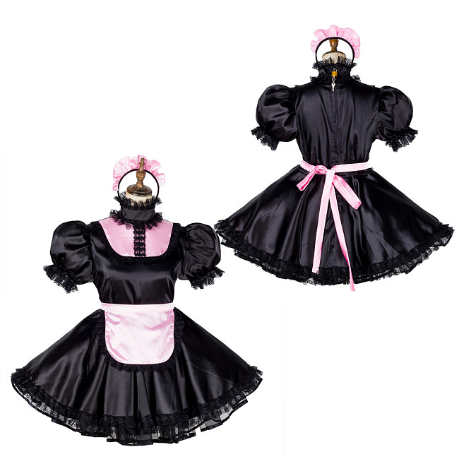 Handmade Lockable Sissy Maid Dress – Black & Pink Satin Crossdressing Outfit [G1782]