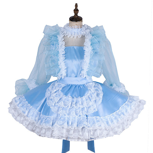 Handmade Lockable Light Blue Sissy Maid Dress – Satin & Organza Crossdressing Outfit [G1995]