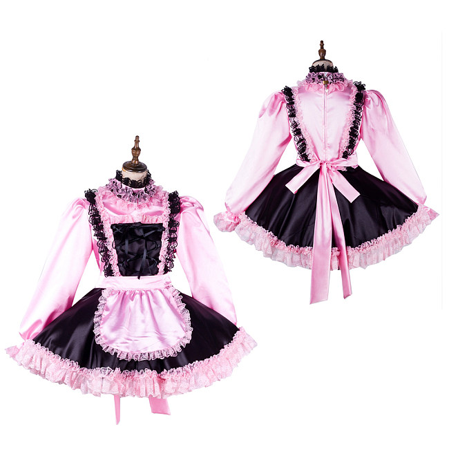 Handmade Lockable Pink & Black Satin Sissy Maid Dress – Crossdressing Outfit with Apron [G2011]