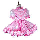 Lockable Pink Satin and Organza Sissy Maid Dress with Puff Sleeves [G2018]