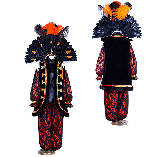 Handmade Satin Venetian Carnival Medieval Gown Men’s Costume in Black and Red with Feather Headpiece [G1880]