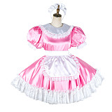 Lockable Pink Satin Sissy Maid Dress with White Lace Apron [G2033]