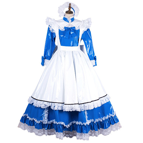 Handmade Lockable Blue & White Long Sissy Maid Dress – Thin PVC Crossdressing Outfit [G1996]