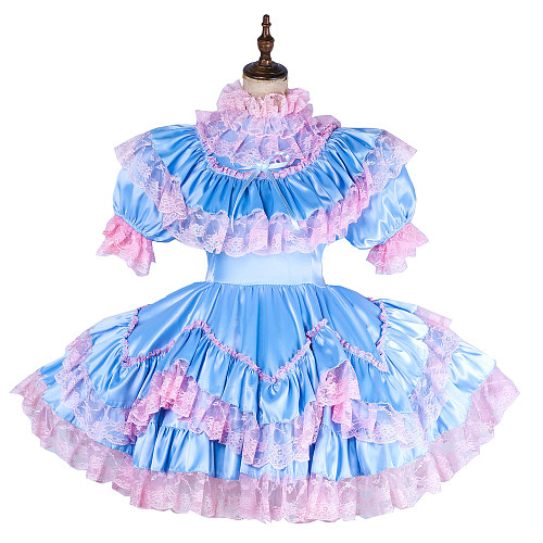 Handmade Lockable Blue & Pink Sissy Maid Dress – Satin Crossdressing Outfit [G1992]