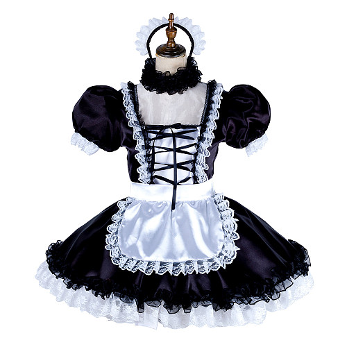 Handmade Lockable Black & White Sissy Maid Dress – Satin Crossdressing Outfit [G1998]