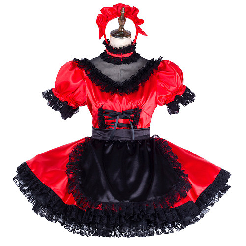 Handmade Lockable Red & Black Sissy Maid Dress – Satin Crossdressing Outfit [G1994]