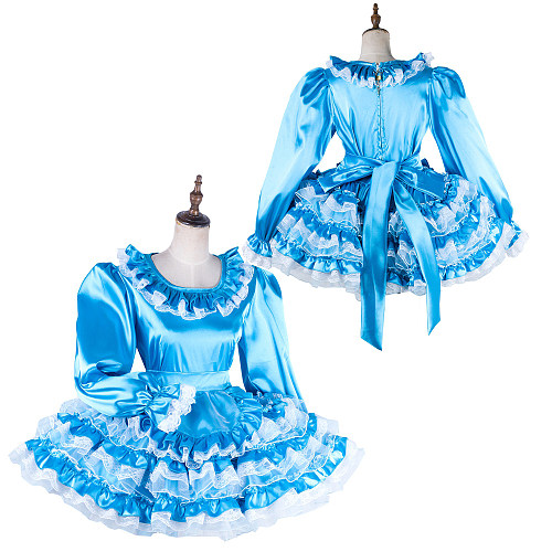 Lockable Blue Satin Sissy Maid Dress with White Lace [G2016]
